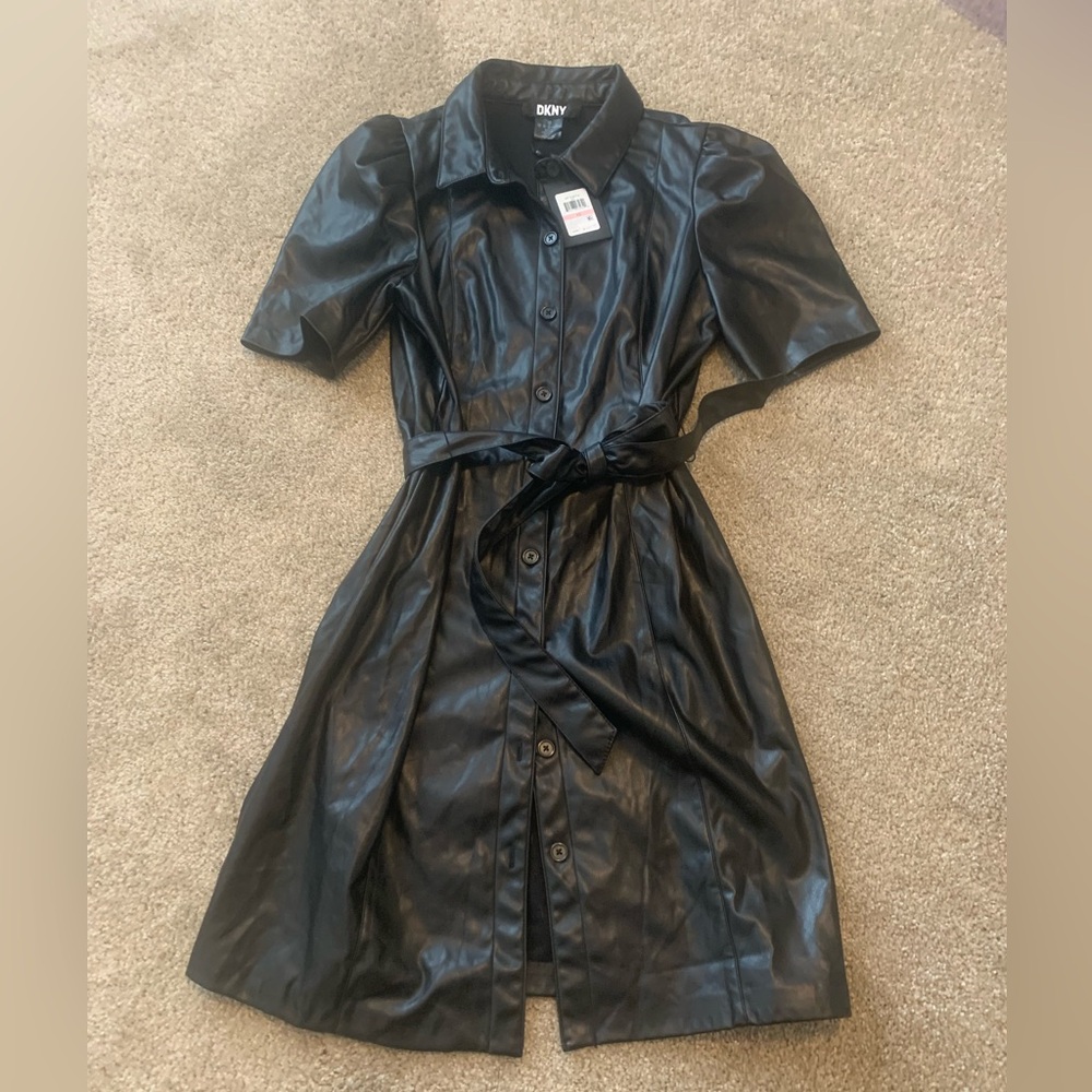 NWT DKNY Black Faux Leather Shirt Dress